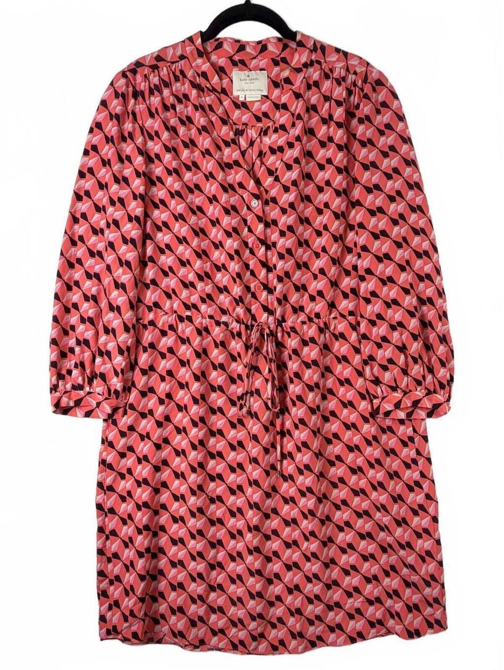 Kate Spade New York Pink Red Geometric Pinwheel Silk Spinner Shirtdress Medium